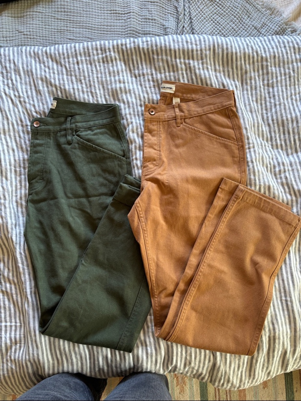 Taylor Stitch Pants in Olive Green and Camel Brown
